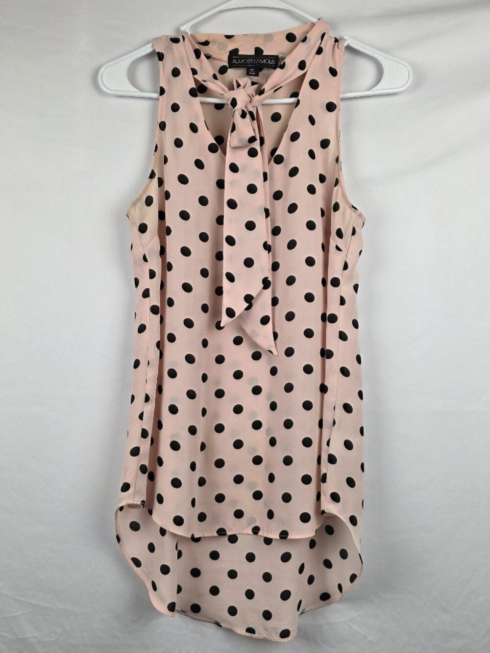 Almost Famous Sleeveless Blouse Pink With Black Polka Dots Tie Front Size XS